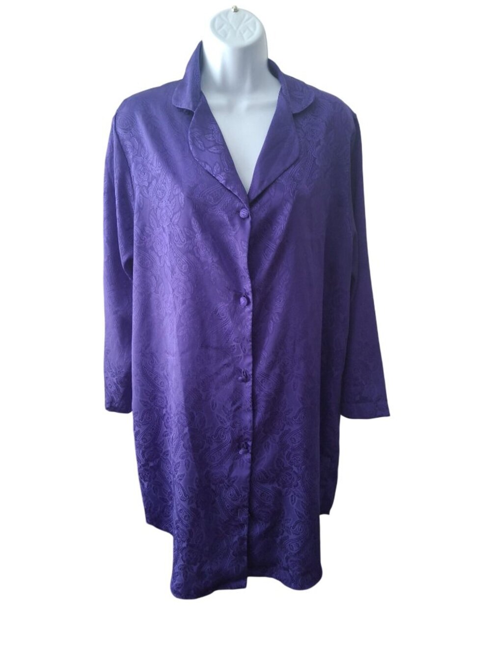Satin Button Nightgown Purple Jacquard Long Sleeve Relaxed Fit Vintage Style